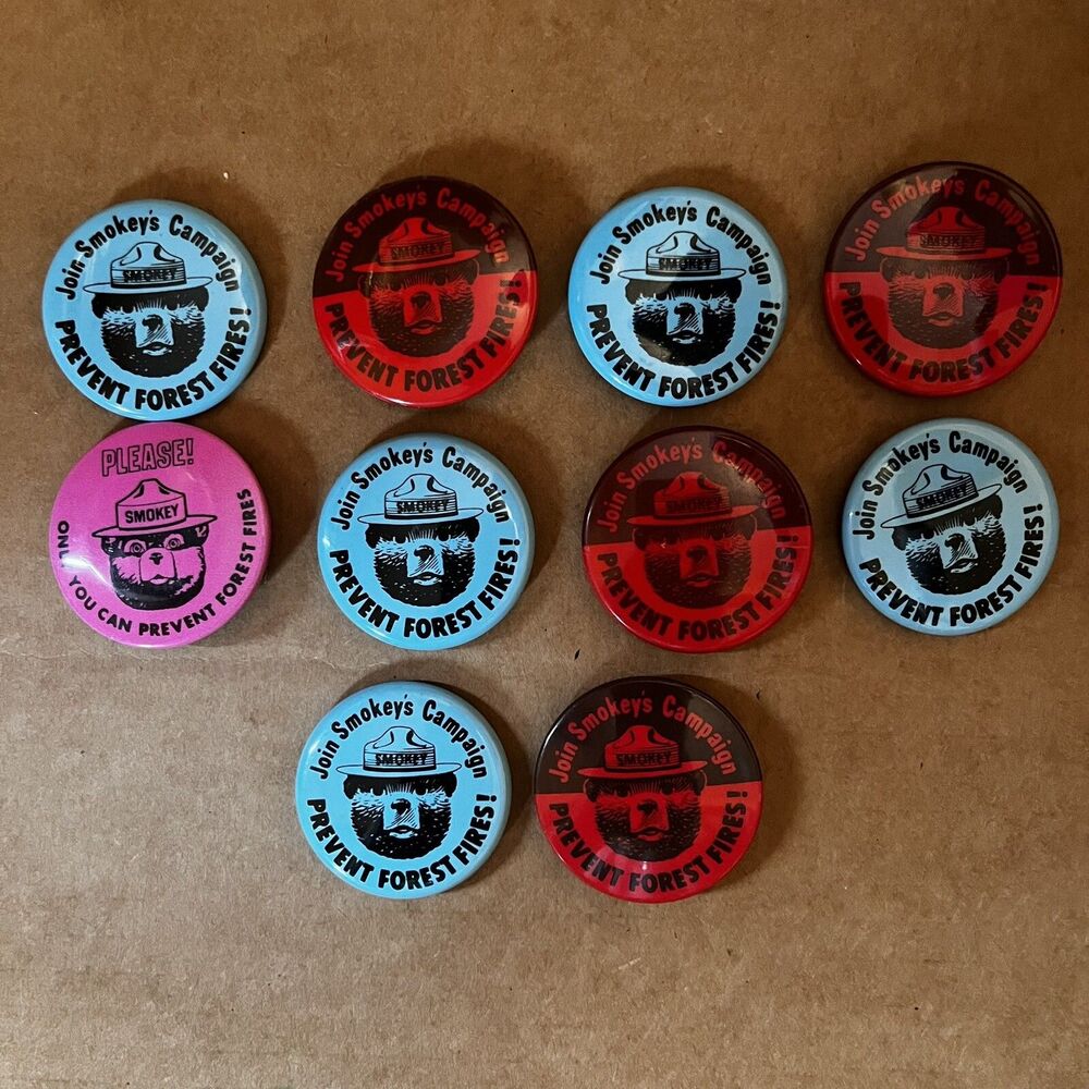 10 Smokey the Bear Forest Fire Prevention Campaign Pinback Buttons